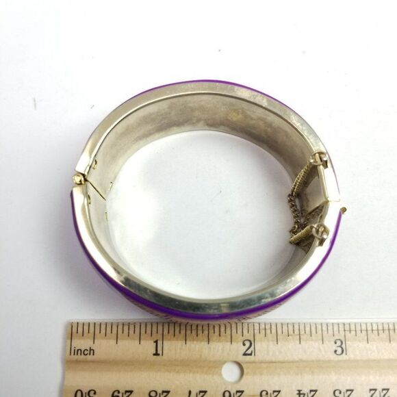 Vintage Wide Purple Enamel Hinged Bangle Bracelet with Security Chain, Estate - Picture 5 of 8